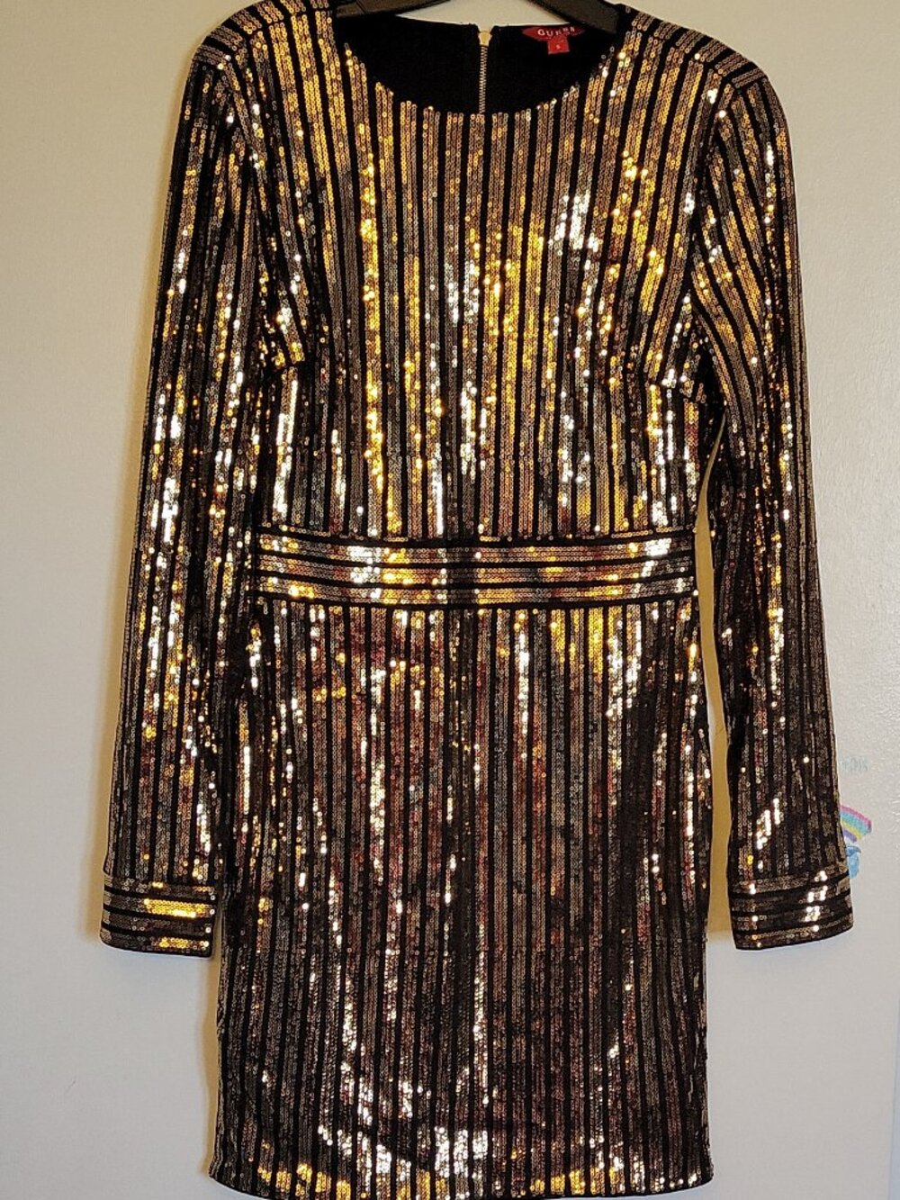 GUESS S Sequin Striped Gold Black Sheath Dress Long Sleeve Knit Party Cocktail